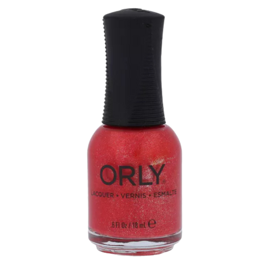 Orly nail polish bottle with red polish and black cap on a white background