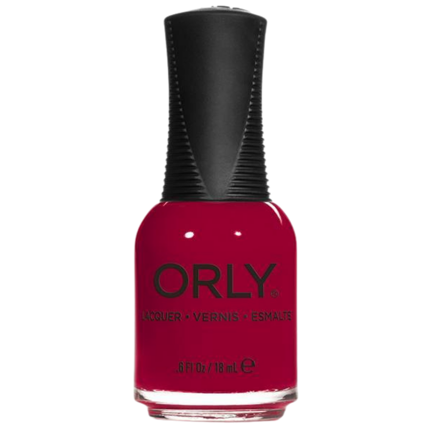 Orly nail polish bottle with red polish and black cap on a white background