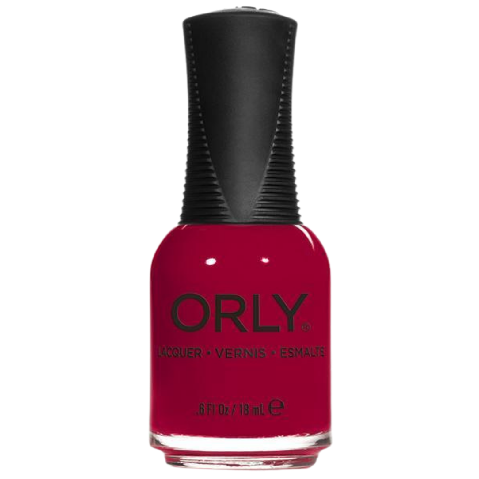 Orly nail polish bottle with red polish and black cap on a white background