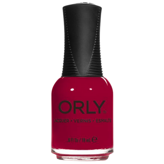 Orly nail polish bottle with red polish and black cap on a white background