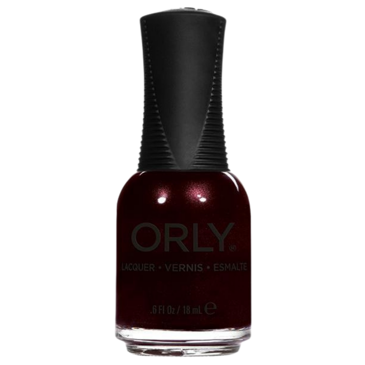 Orly nail polish bottle with dark red polish on a white background