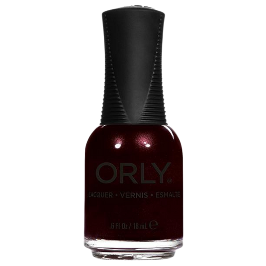 Orly nail polish bottle with dark red polish on a white background