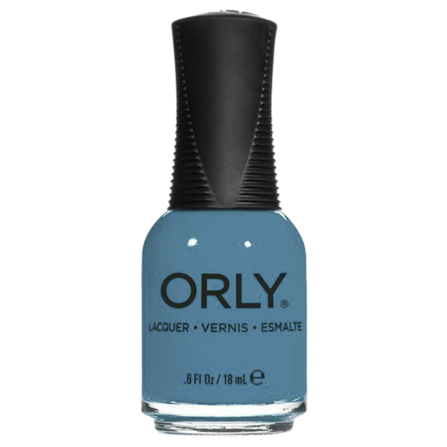 Orly nail polish bottle with blue polish and black cap on a white background