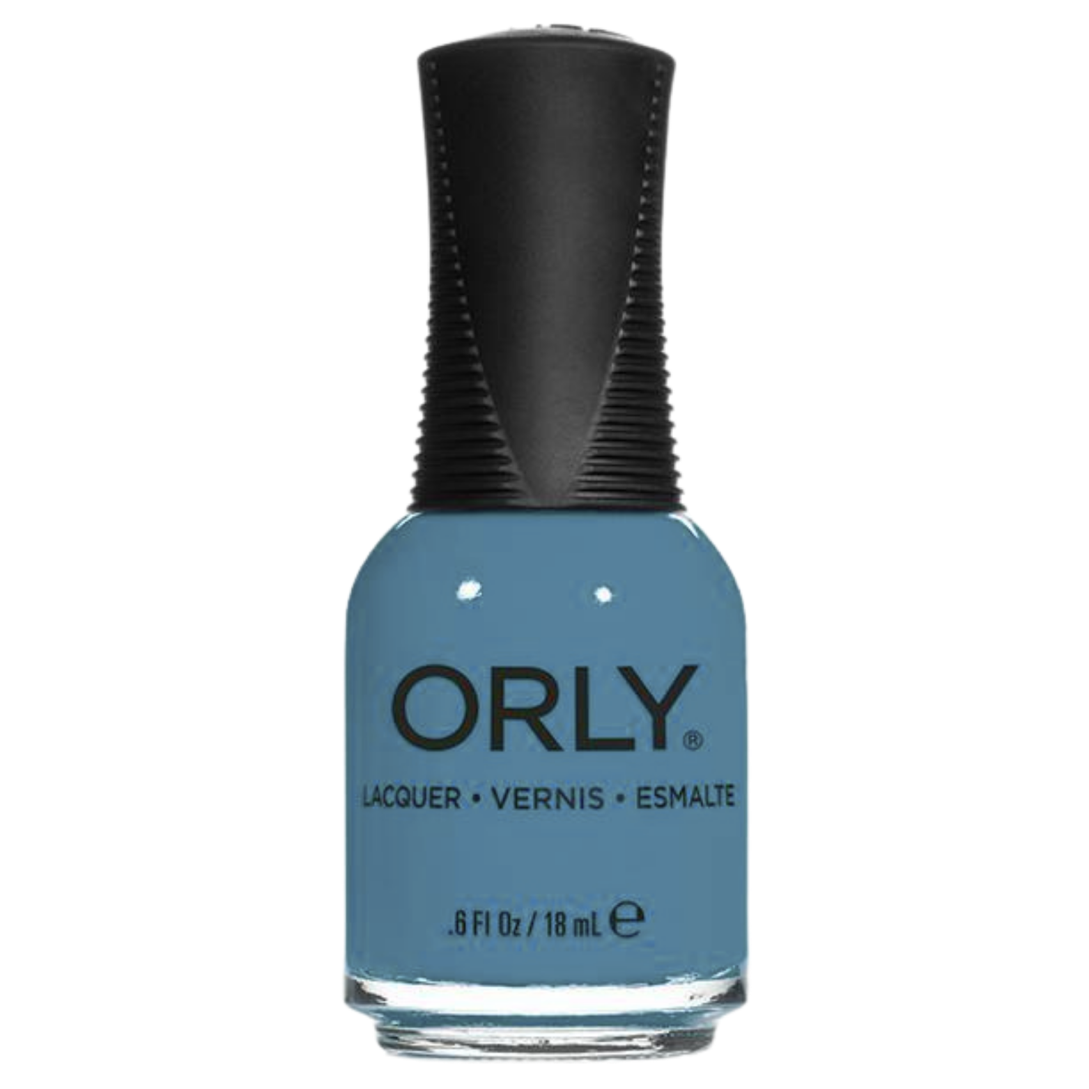Orly nail polish bottle with blue polish and black cap on a white background