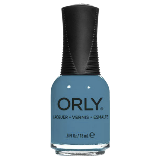Orly nail polish bottle with blue polish and black cap on a white background