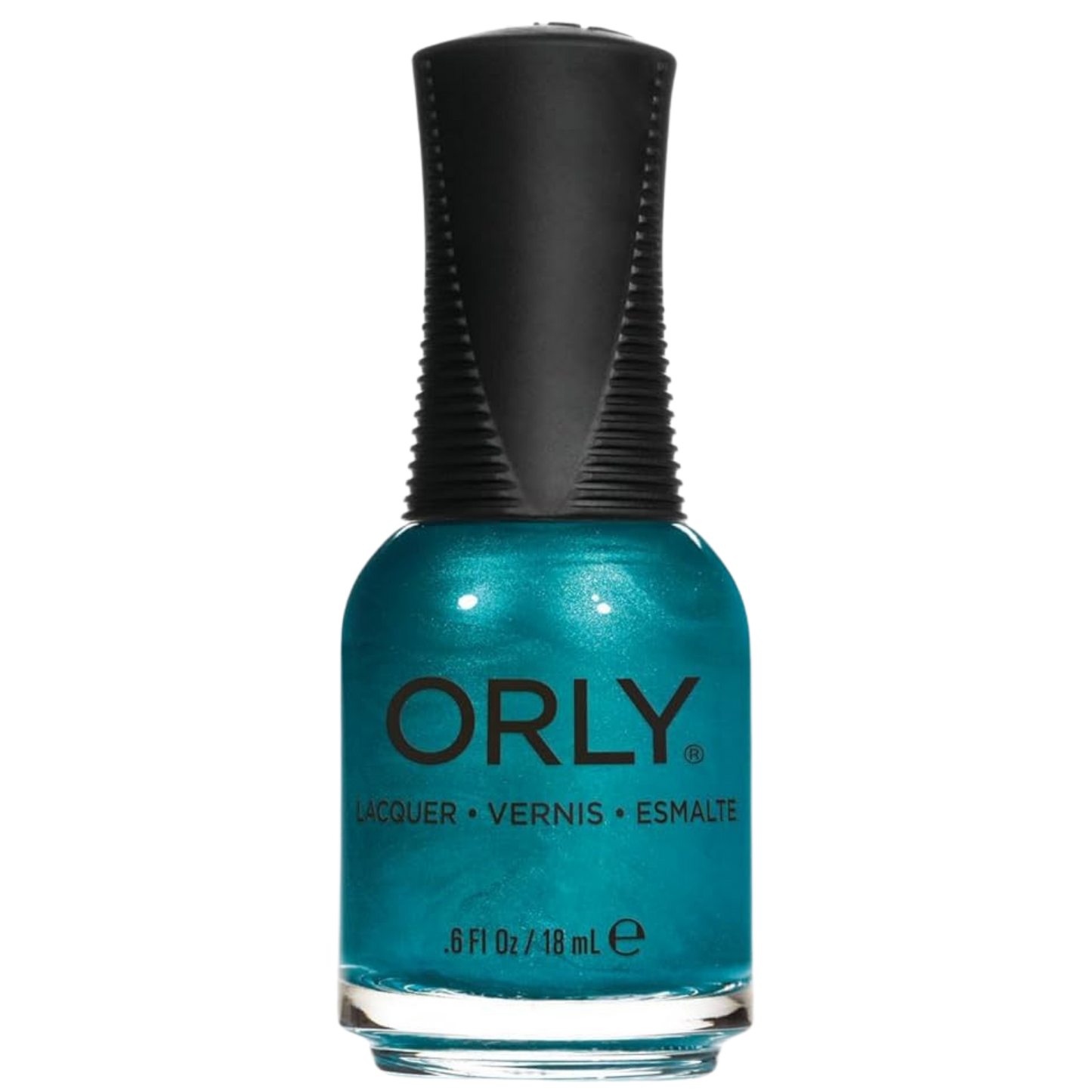 Orly teal nail polish bottle on a white background
