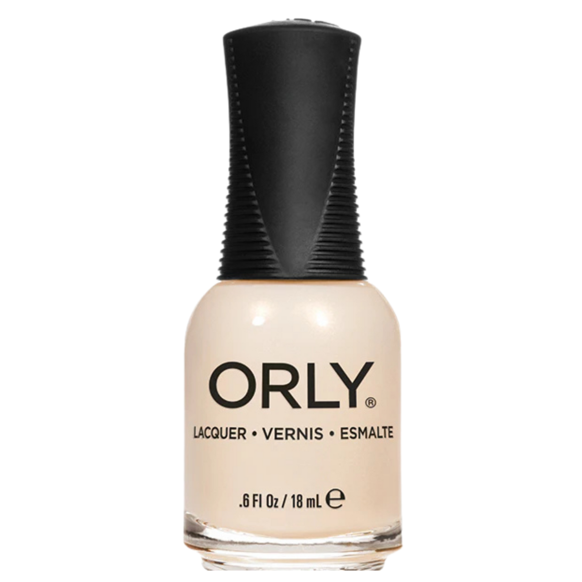 white pearlescent nail polish with black cap on a white background