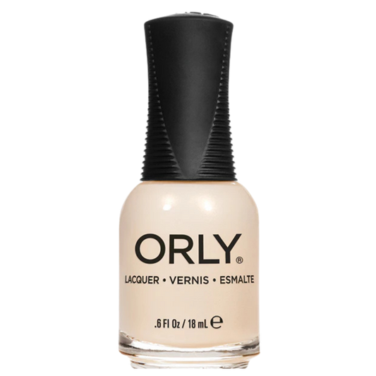 white pearlescent nail polish with black cap on a white background