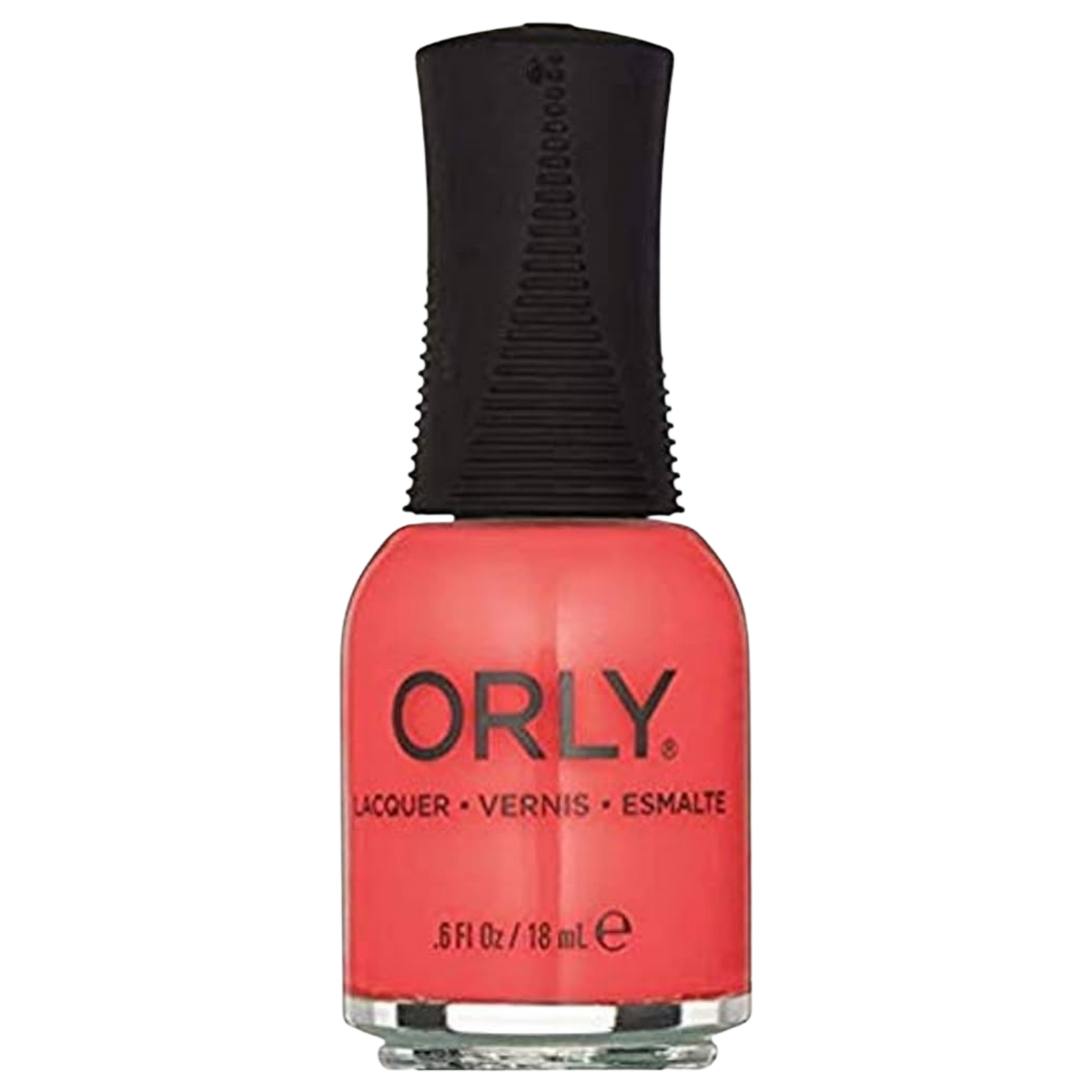 Orly nail polish bottle with coral color on a white background