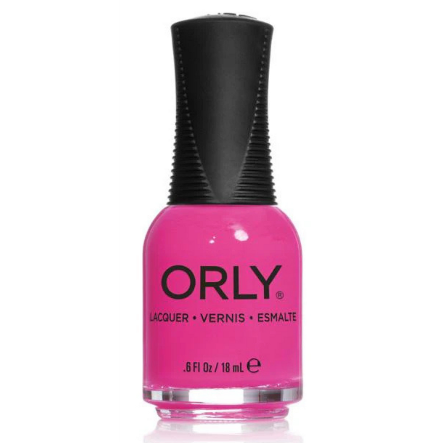 Orly nail polish bottle with pink polish and black cap on a white background