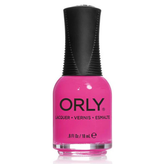 Orly nail polish bottle with pink polish and black cap on a white background