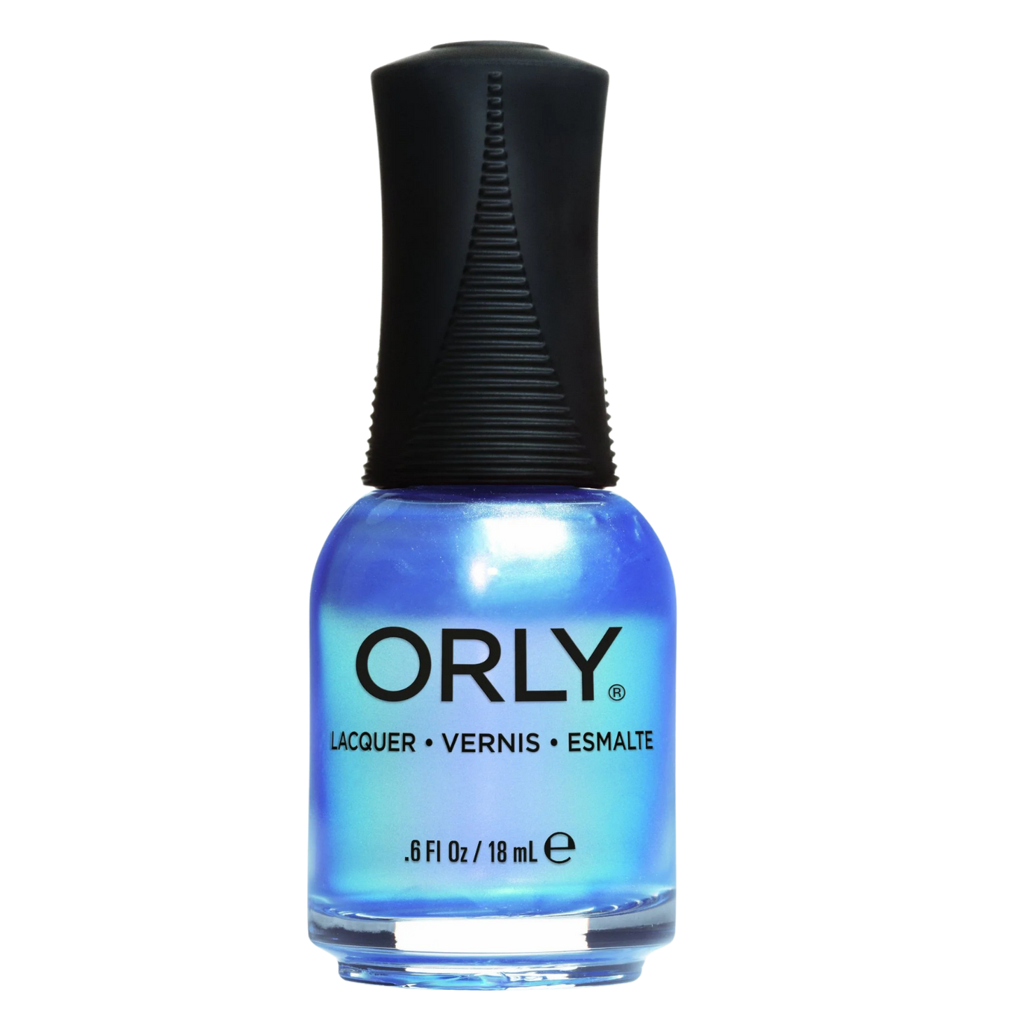 blue pearlescent nail polish with black cap over a white background