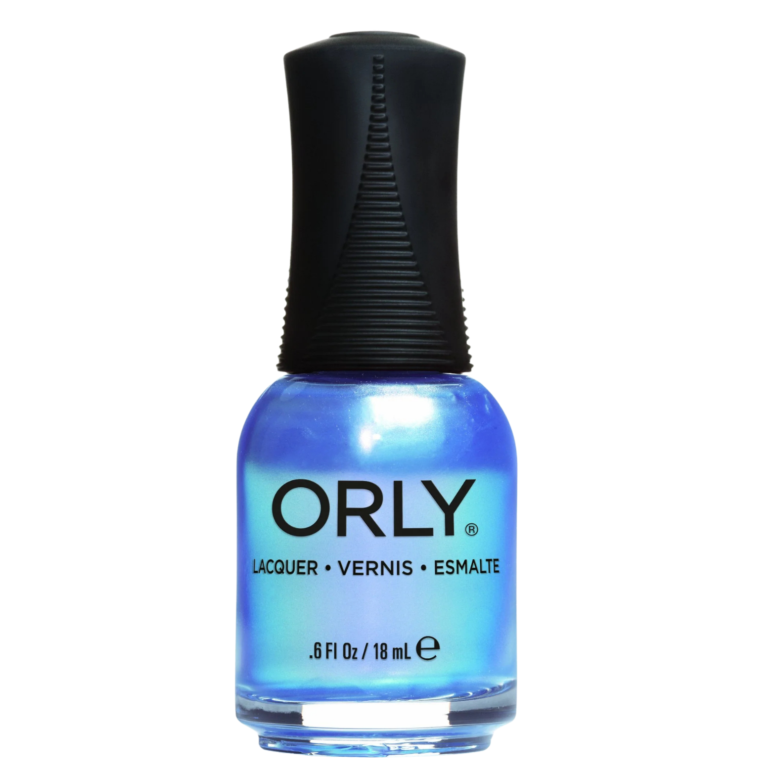 blue pearlescent nail polish with black cap over a white background