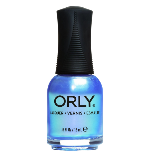 blue pearlescent nail polish with black cap over a white background