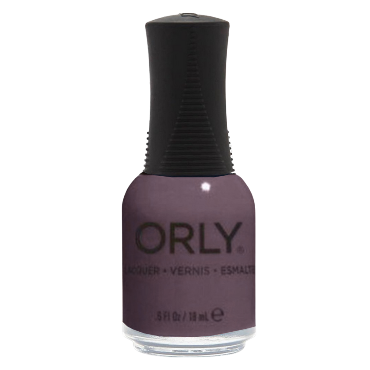 mauve gray nail polish bottle with black cap on white background