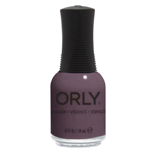 mauve gray nail polish bottle with black cap on white background
