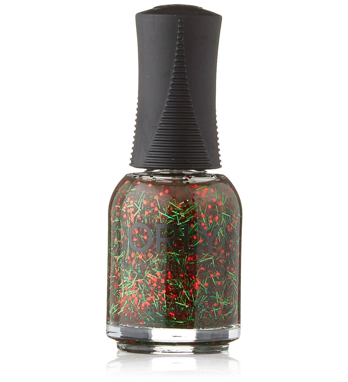 Nail polish bottle with glittery green and red flakes on a white background