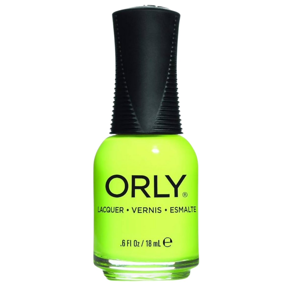 neon green nail polish with black cap on a white background