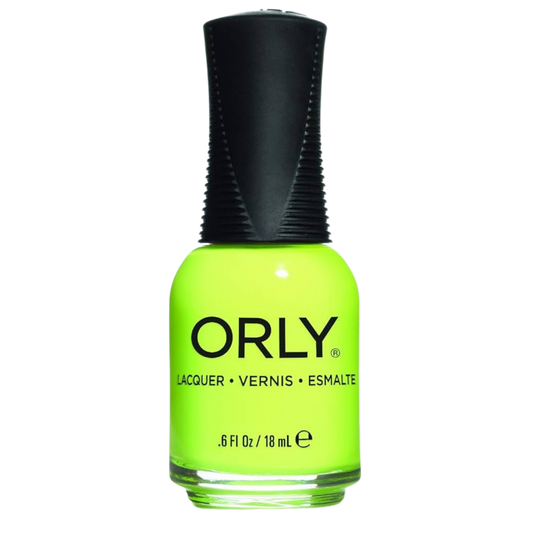 neon green nail polish with black cap on a white background