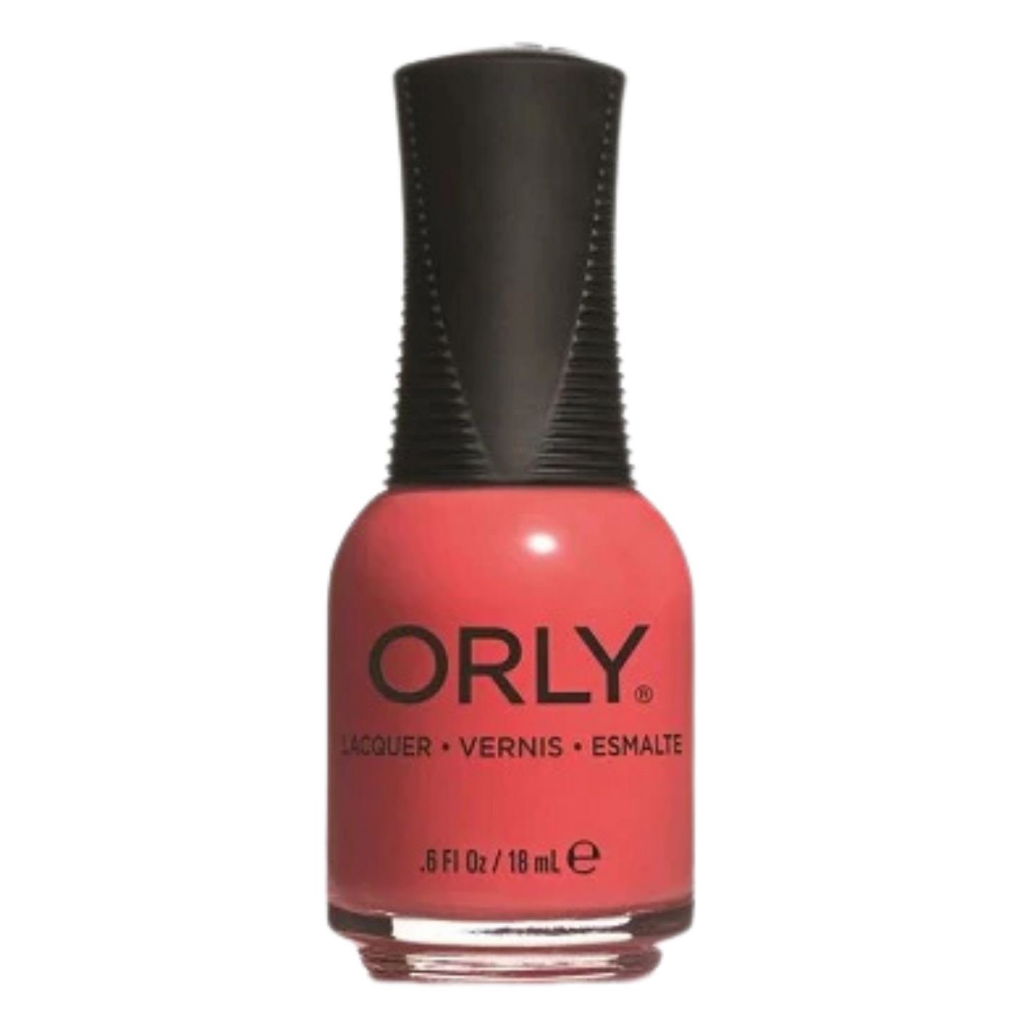 Orly nail polish bottle with coral color on a white background