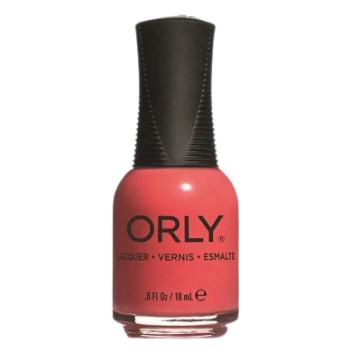 Orly nail polish bottle with coral color on a white background