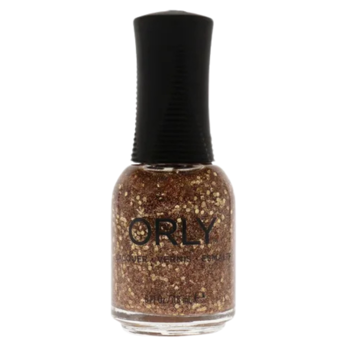 Orly nail polish bottle with glittery gold color on a white background