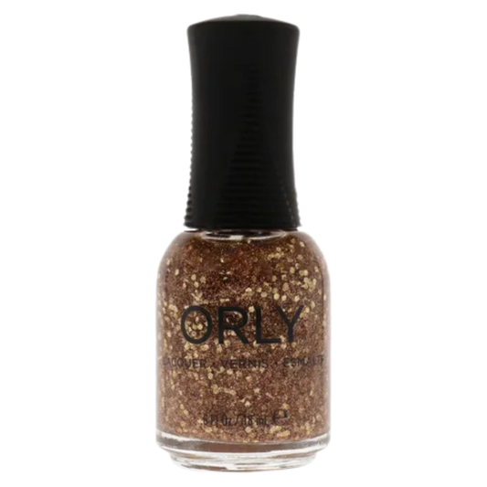 Orly nail polish bottle with glittery gold color on a white background