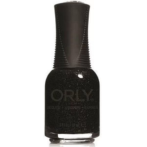 black glitter nail polish bottle with black cap on a white background