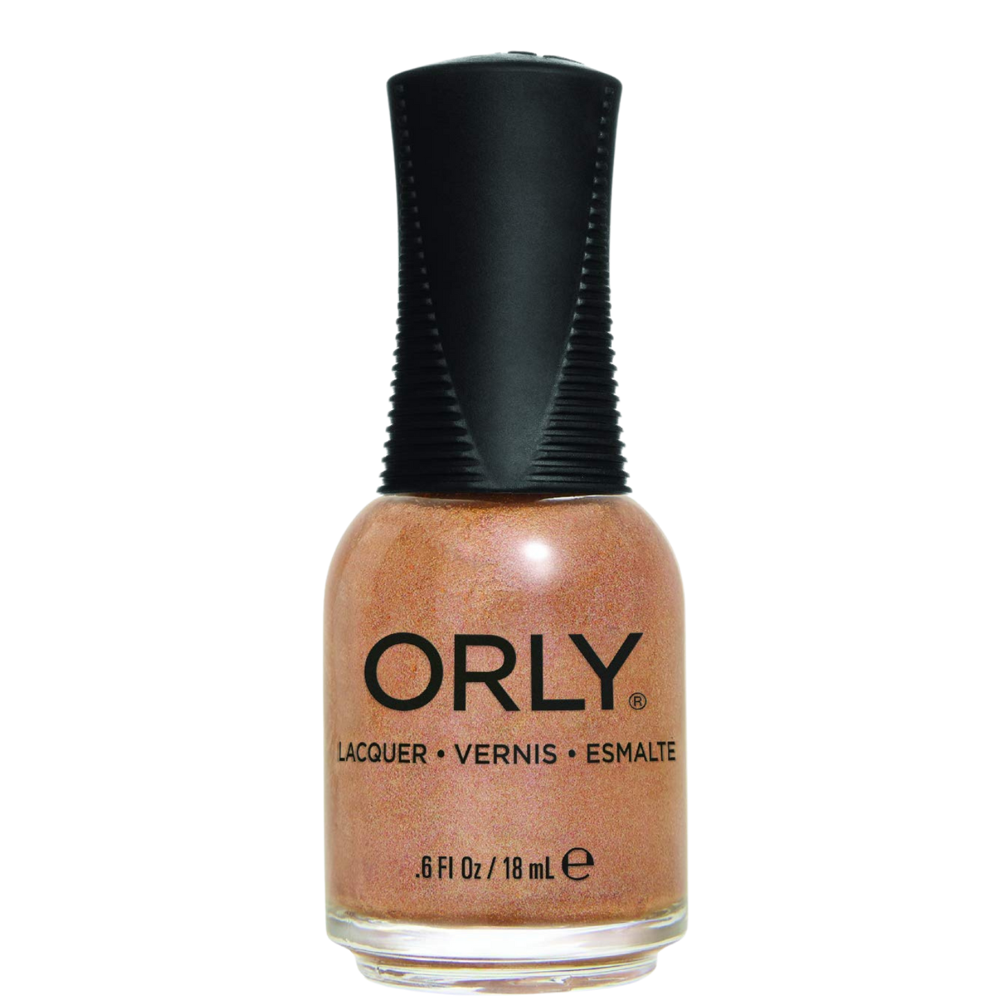 gold shimmer nail polish with black grip cap over a white background
