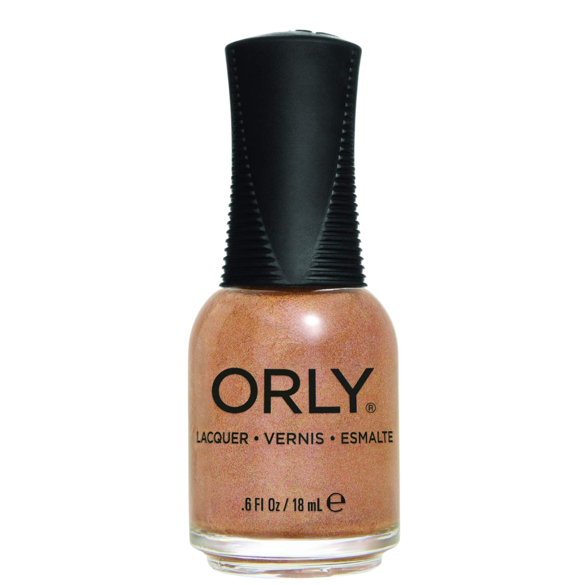 gold shimmer nail polish with black grip cap over a white background