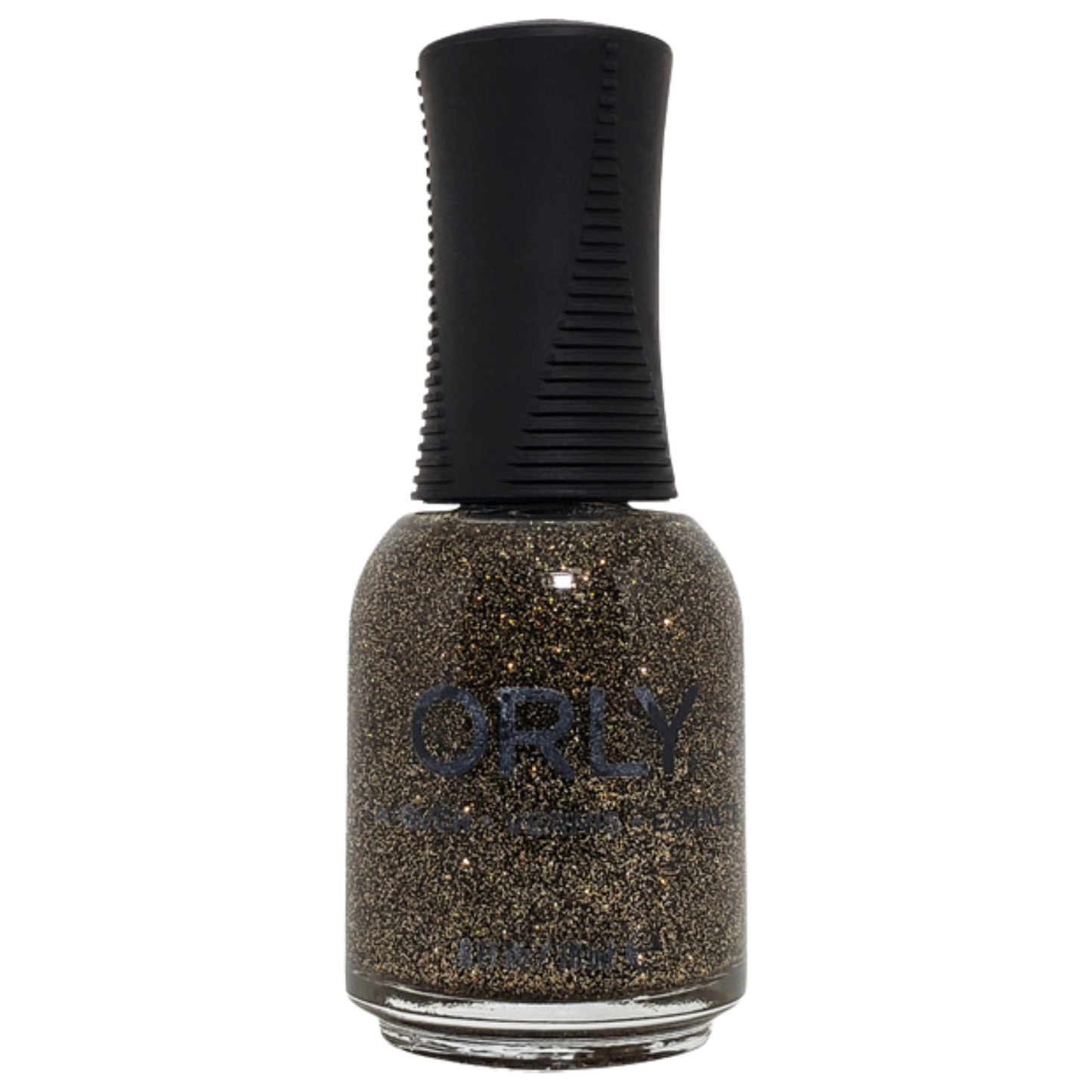 Orly nail polish bottle with glittery black and gold color on a white background