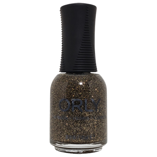 Orly nail polish bottle with glittery black and gold color on a white background