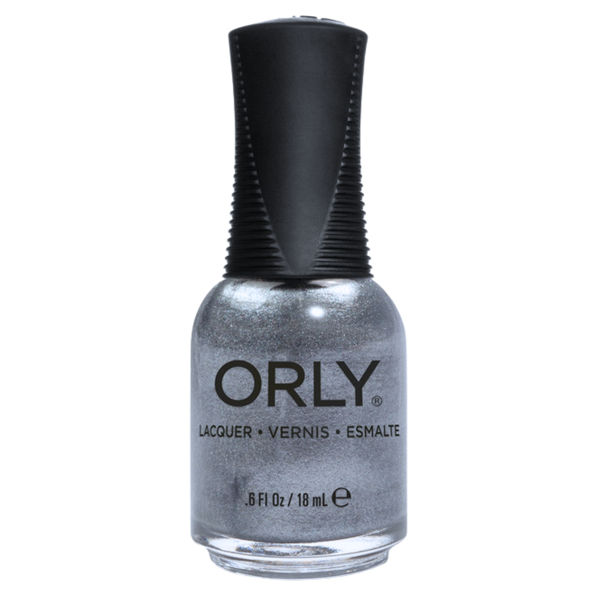 gray shimmer nail polish bottle with black cap on a white background