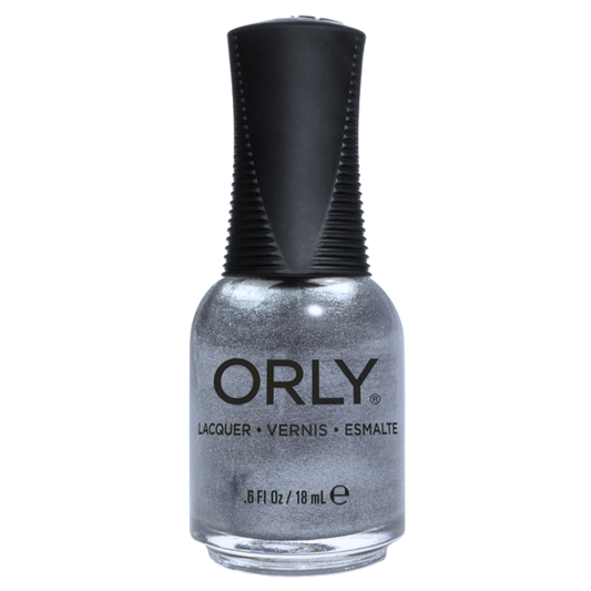 gray shimmer nail polish bottle with black cap on a white background