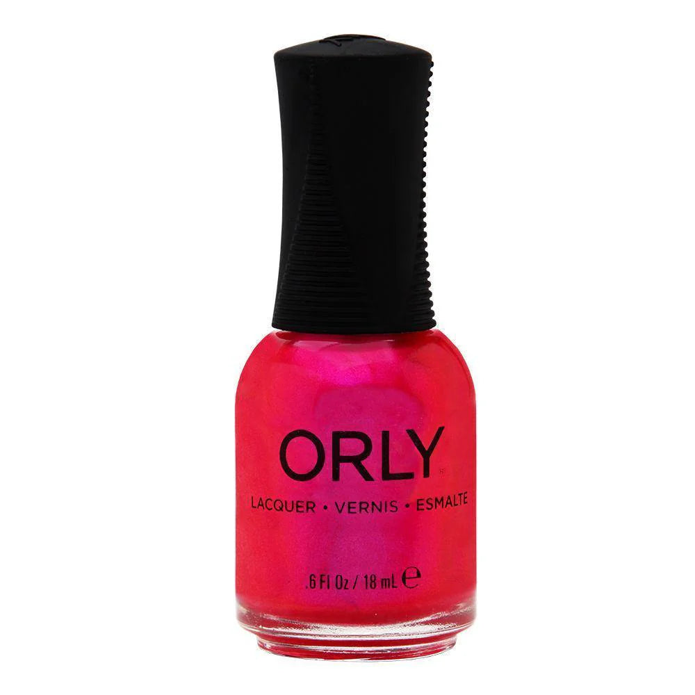 Orly nail polish bottle with bright pink lacquer on a white background