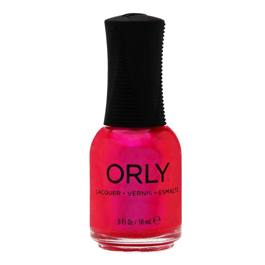 Orly nail polish bottle with bright pink lacquer on a white background