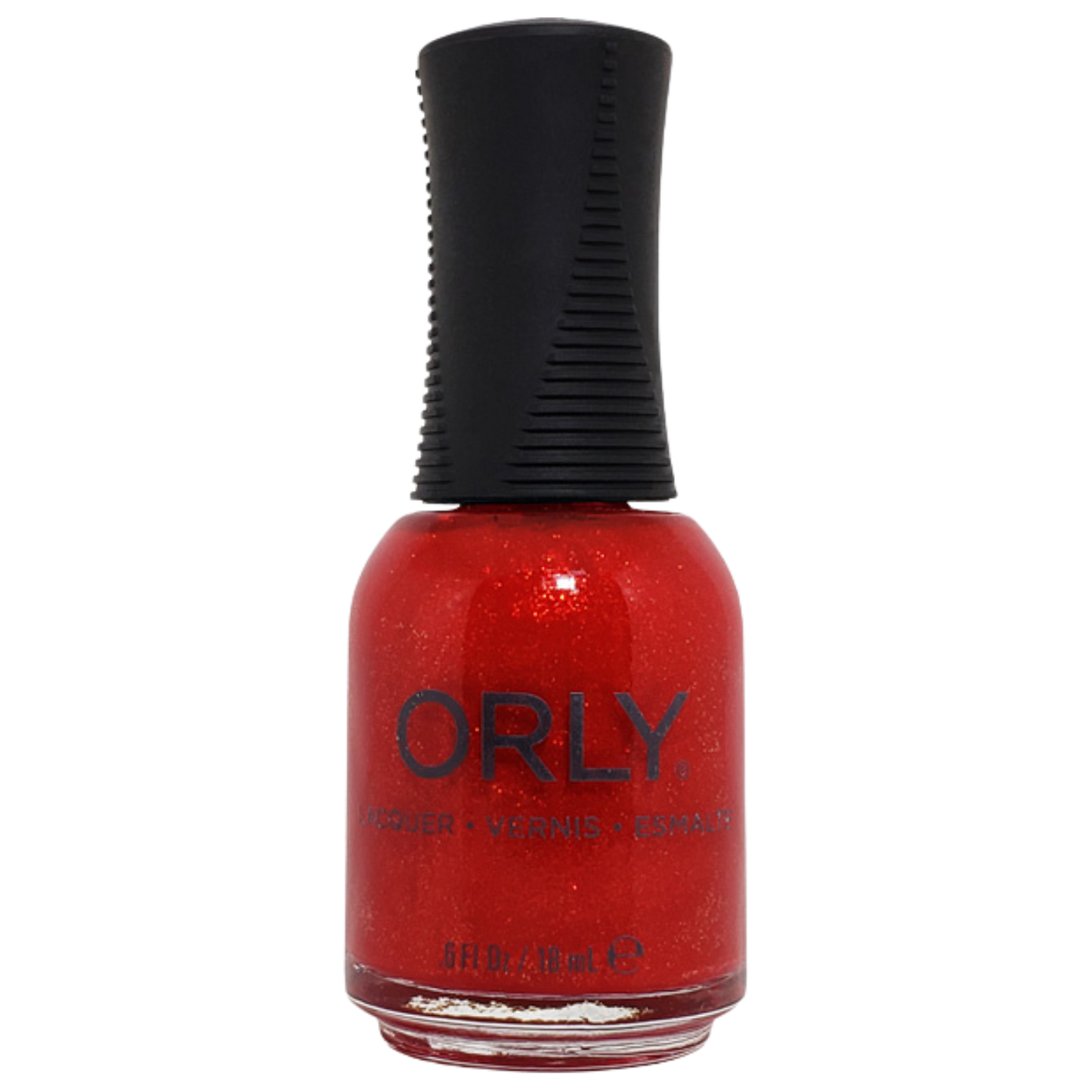 Orly nail polish bottle with red polish and black cap on a white background