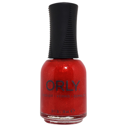 Orly nail polish bottle with red polish and black cap on a white background