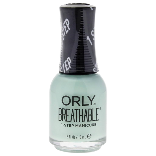 mint green nail polish bottle with black cap on white background