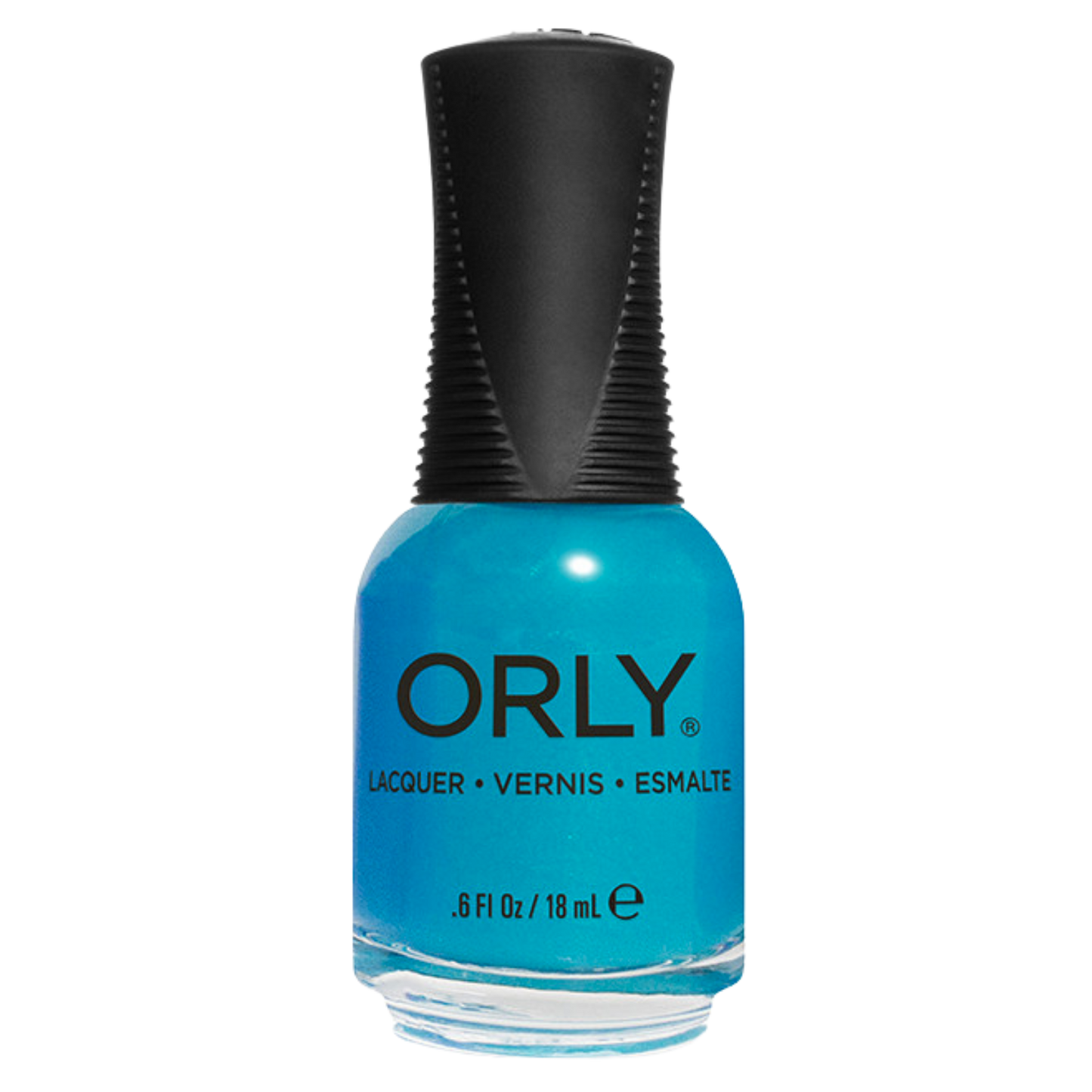 Orly nail polish bottle with blue polish and black cap on a white background