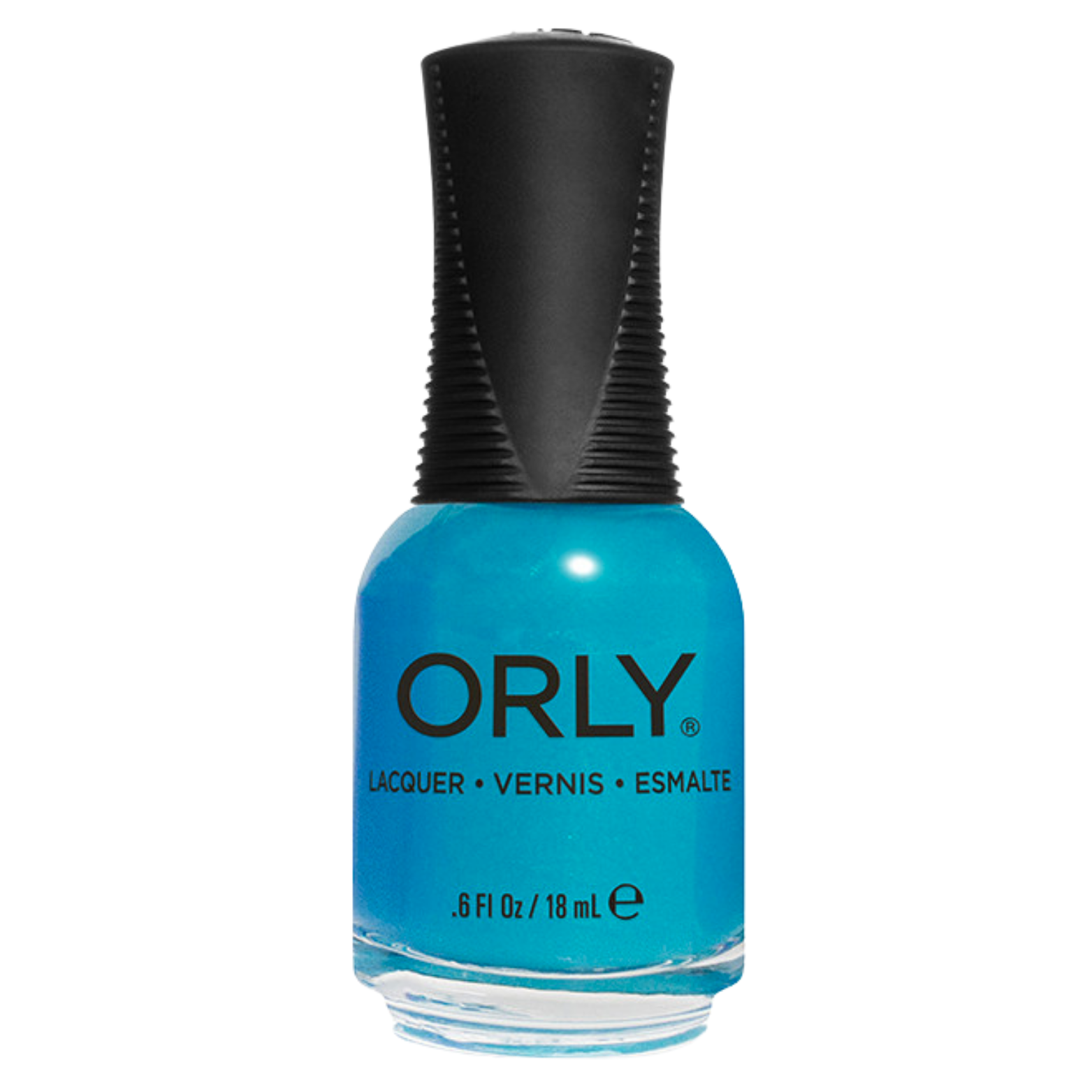 Orly nail polish bottle with blue polish and black cap on a white background