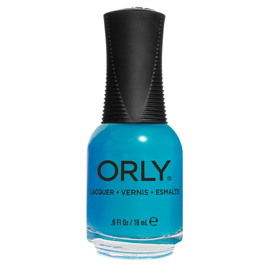 Orly nail polish bottle with blue polish and black cap on a white background
