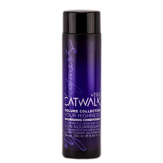 Purple bottle of TIGI Catwalk Volume Collection Your Highness Nourishing Conditioner on a white background
