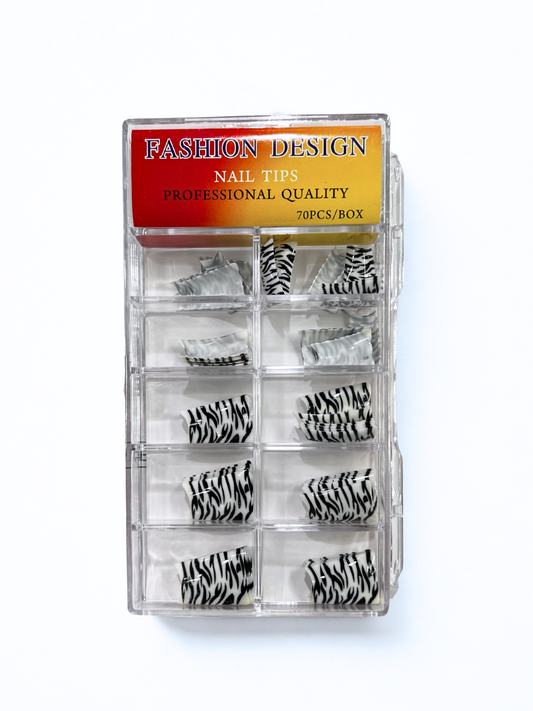 Fashion Design Nail Tips 70pc - Black + White Zebra (Duck Tips)