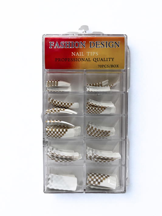 Fashion Design Nail Tips 70pc - Gold Checkered