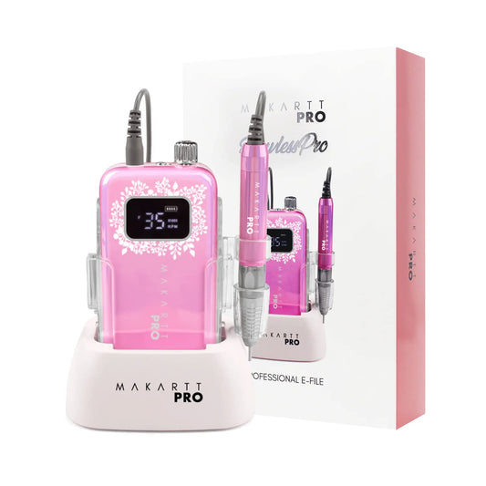 Pink Makartt Pro nail drill set with charger and packaging on a white background