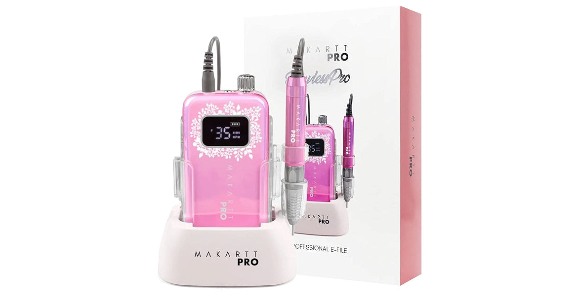 pink nail drill and nail drill box on a white background