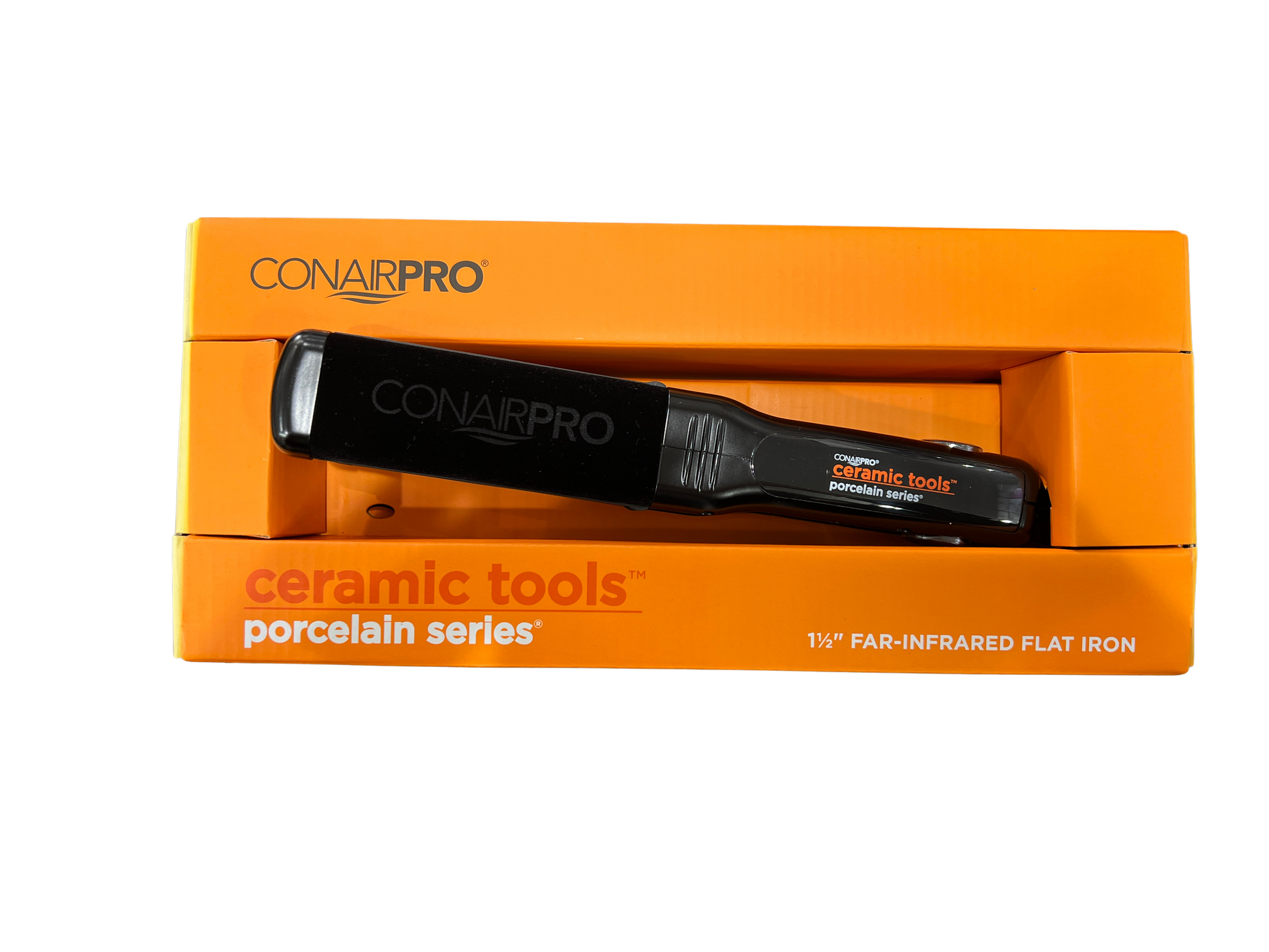 Black hair straightener in an orange box with 'ConairPro' branding on a white background