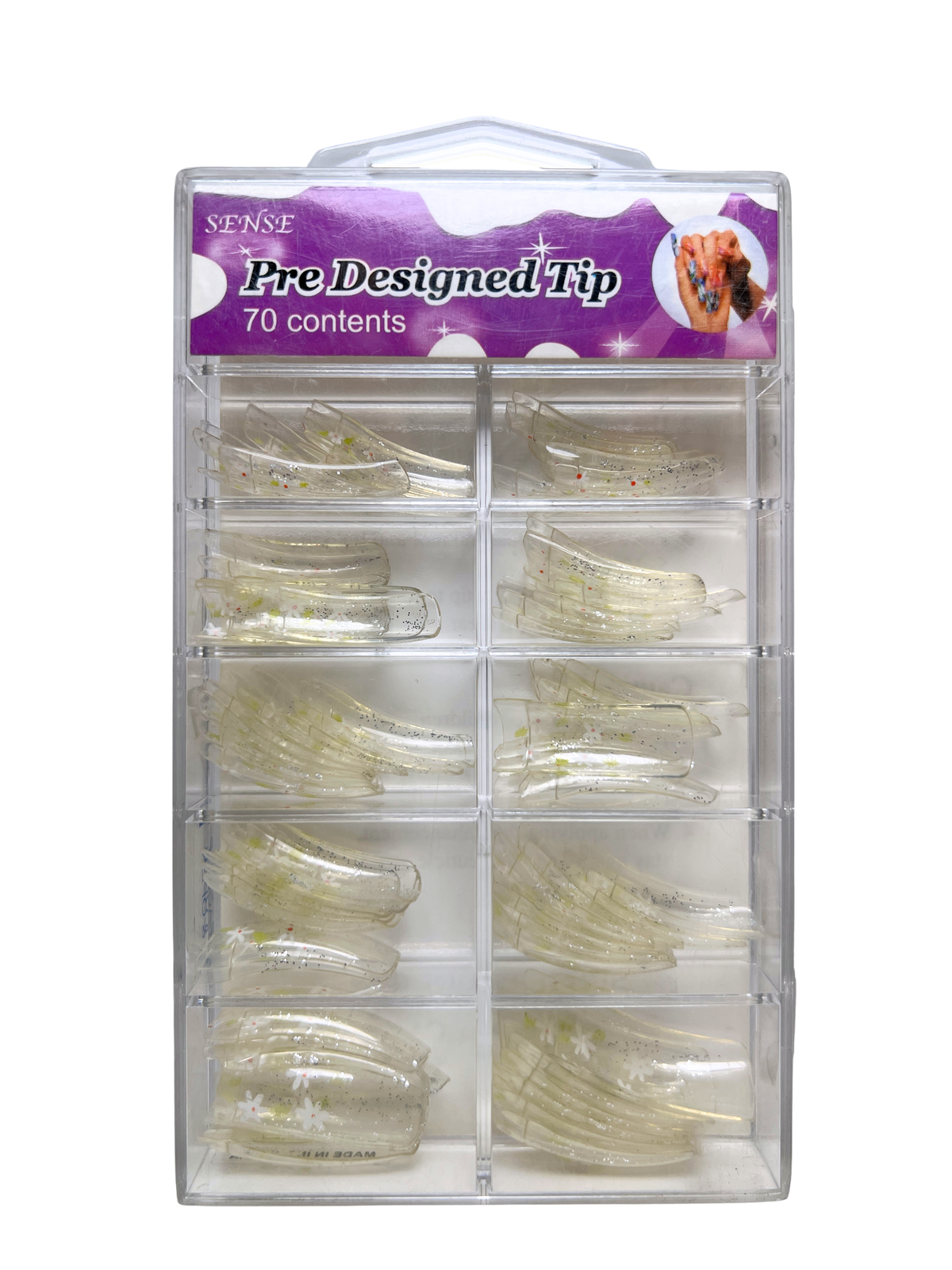 SENSE Pre-Designed Nail Tips 70pc - Transparent Glitter Daisies