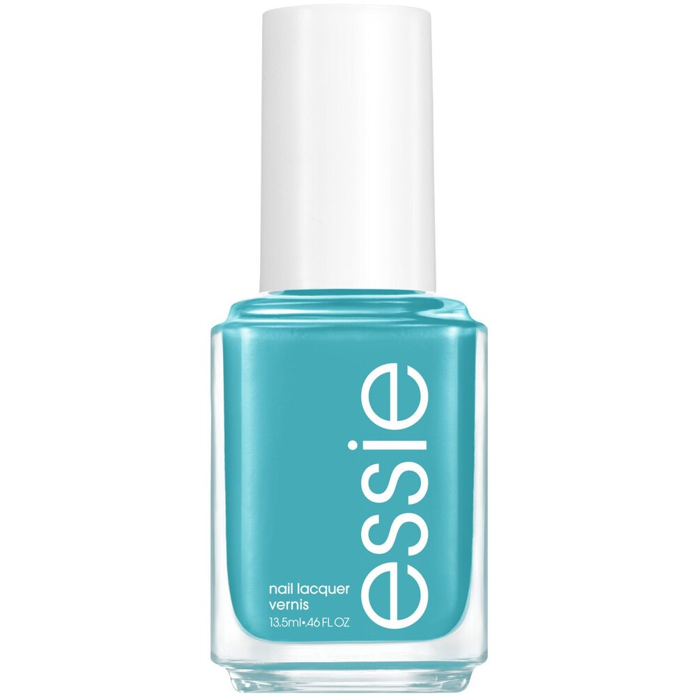 Blue nail polish bottle with white cap on a white background